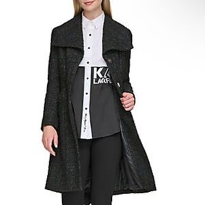 KARL LAGERFELD PARIS Black Metallic Tweed  Belted Coat size medium
